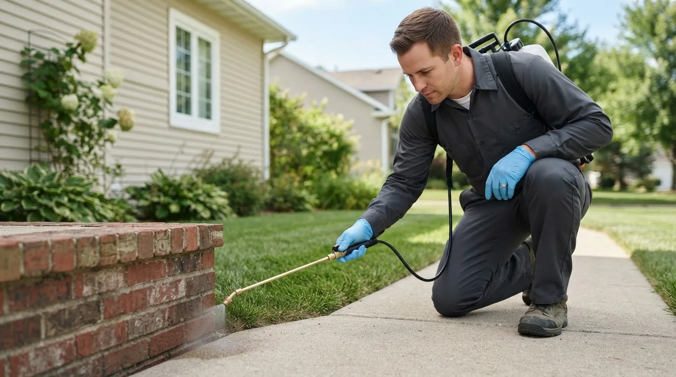 Pest control technician treating a home near Shickley, NE