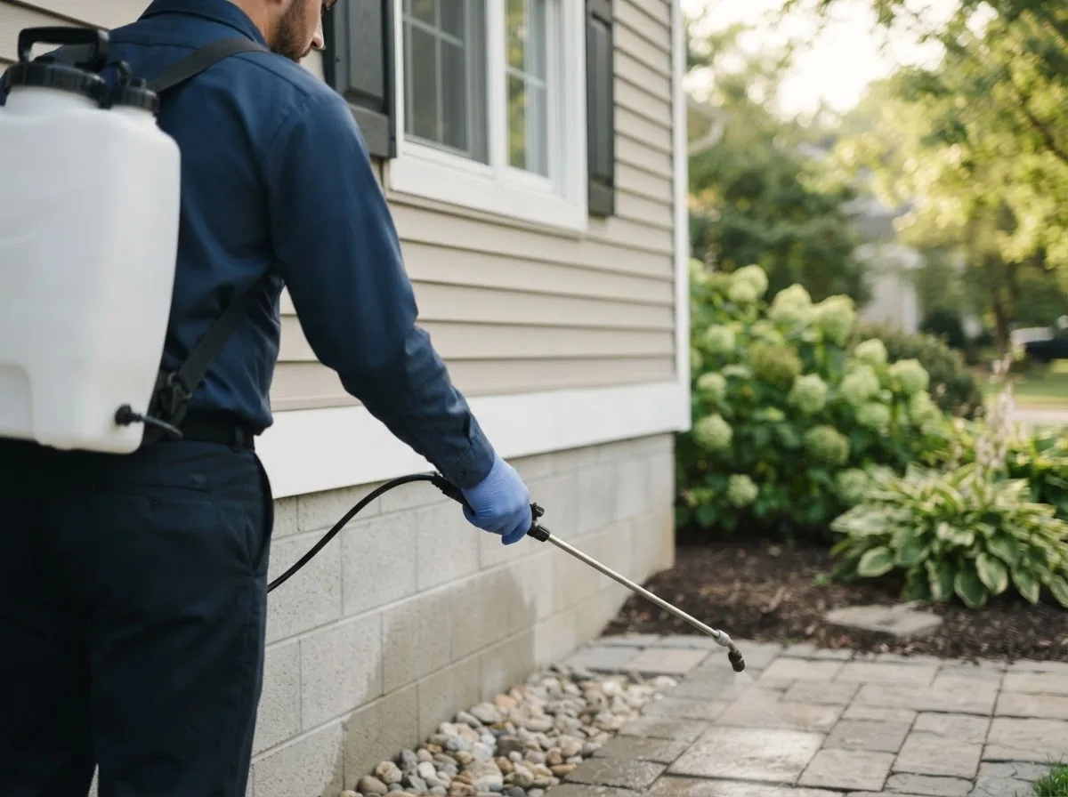 Pest control technician inspecting a home in Shickley, NE